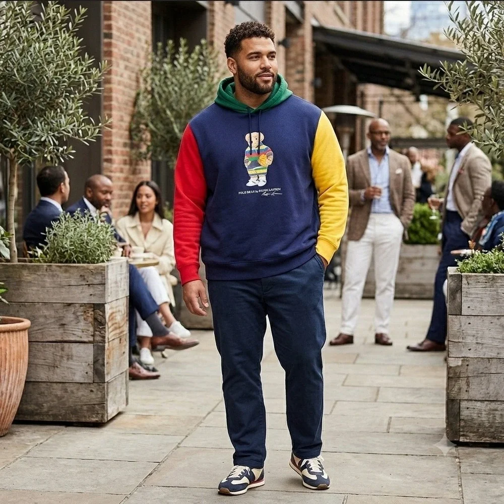 Polo Ralph Lauren Hoodie Navy Multi Color Block Polo Bear Basketball Men's 4XLT